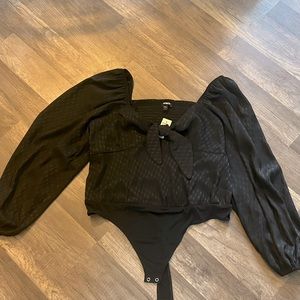 Express Black Jacquard Long Sleeve Tie Front Thong Bodysuit